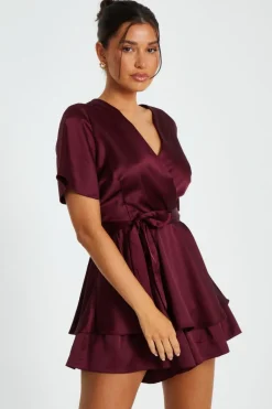 Quiz Dark Red Satin Wrap Tiered Playsuit New