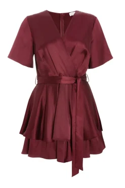 Quiz Dark Red Satin Wrap Tiered Playsuit New