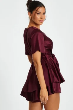 Quiz Dark Red Satin Wrap Tiered Playsuit New