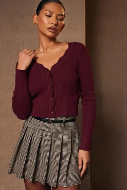 Quiz Dark Red Scallop Trim Cardigan Berry Clearance