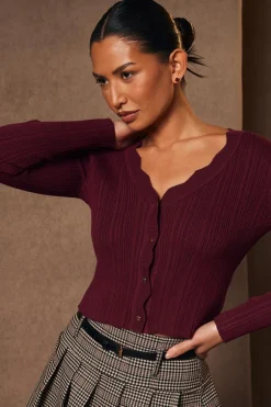 Quiz Dark Red Scallop Trim Cardigan Berry Clearance