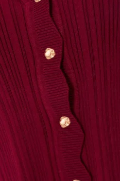 Quiz Dark Red Scallop Trim Cardigan Berry Clearance