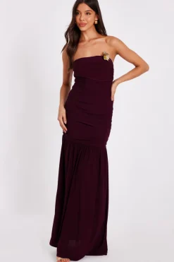 Quiz Dark Red Strapless Corsage Maxi Dress Hot