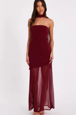 Quiz Dark Red Strapless Mesh Hem Maxi Dress Wine Clearance
