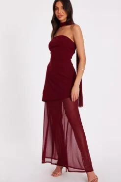 Quiz Dark Red Strapless Mesh Hem Maxi Dress Wine Clearance