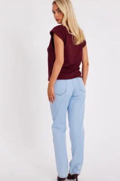 Quiz Dark Red Stud Detail Top Burgundy Discount