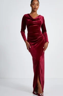 Quiz Dark Red Velvet Cowl Neck Maxi Dress Clearance