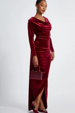 Quiz Dark Red Velvet Cowl Neck Maxi Dress Clearance