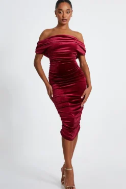Quiz Dark Red Velvet Ruched Midi Dress Online