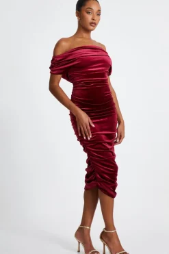 Quiz Dark Red Velvet Ruched Midi Dress Online