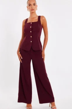Quiz Dark Red Wide Leg Trousers Burgundy Outlet