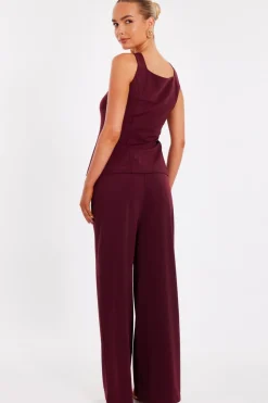 Quiz Dark Red Wide Leg Trousers Burgundy Outlet