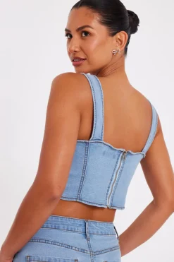 Quiz Denim Bow Embellished Crop Top New