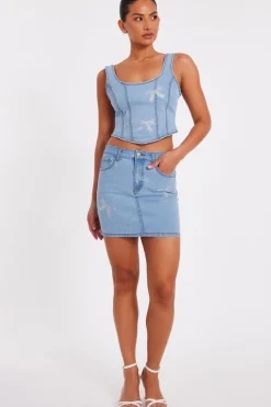 Quiz Denim Bow Embellished Skirt New