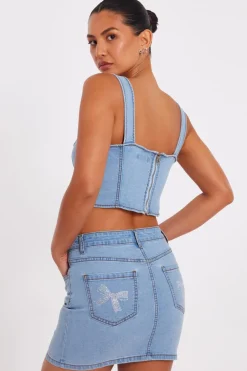 Quiz Denim Bow Embellished Skirt New