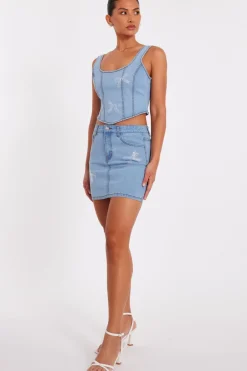 Quiz Denim Bow Embellished Skirt New