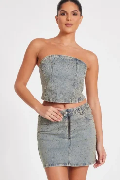 Quiz Denim Embellished Bandeau Top Outlet