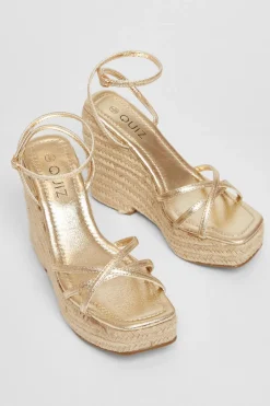 Quiz Cross Strap Platform Wedges Gold Outlet