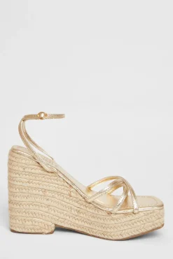 Quiz Cross Strap Platform Wedges Gold Outlet