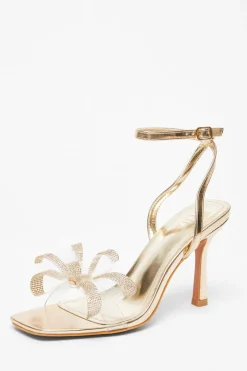 Quiz Gold Diamante Bow Heels New