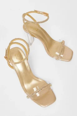 Quiz Diamante Clear Block Heels Gold New