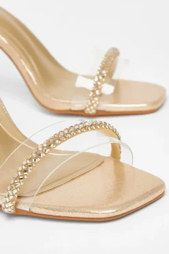 Quiz Diamante Clear Block Heels Gold New