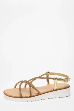 Quiz Gold Diamante Cross Strap Flatform Sandals Sale
