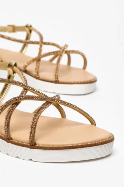 Quiz Gold Diamante Cross Strap Flatform Sandals Sale