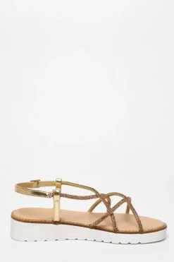 Quiz Gold Diamante Cross Strap Flatform Sandals Sale