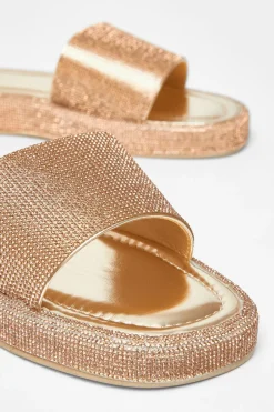 Quiz Diamante Flat Sandals Gold Outlet
