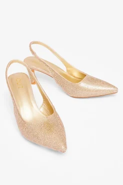 Quiz Diamante Sling Back Heels Gold Outlet