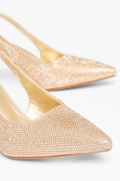 Quiz Diamante Sling Back Heels Gold Outlet