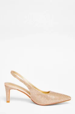 Quiz Diamante Sling Back Heels Gold Outlet