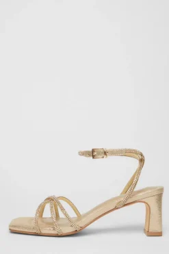Quiz Diamante Strap Block Heels Gold New