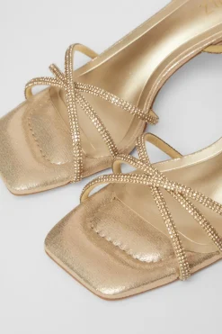 Quiz Diamante Strap Block Heels Gold New