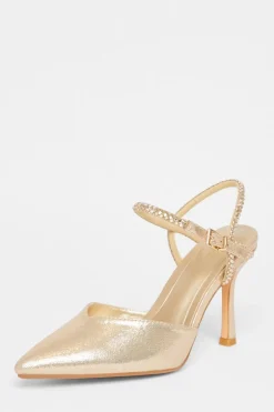 Quiz Diamante Strap Court Heels Gold Online
