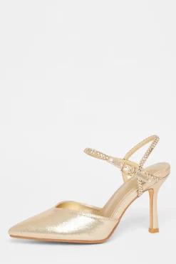Quiz Diamante Strap Court Heels Gold Online