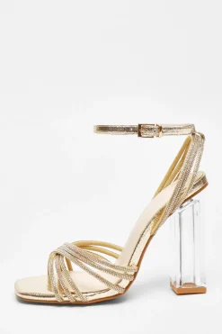 Quiz Diamante Strap Heeled Sandals Gold Clearance