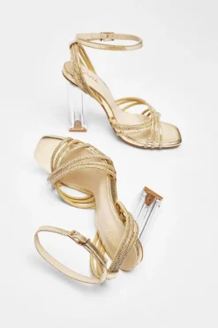 Quiz Diamante Strap Heeled Sandals Gold Clearance