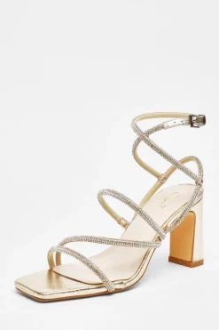 Quiz Diamante Strappy Block Heeled Sandals Gold New