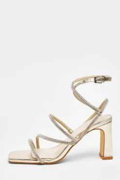 Quiz Diamante Strappy Block Heeled Sandals Gold New