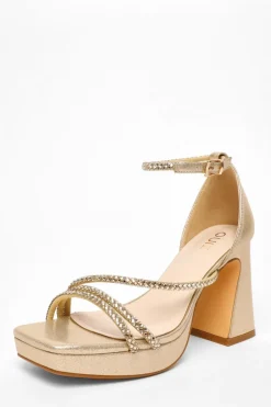 Quiz Gold Diamante Strappy Platform Heeled Sandals Hot