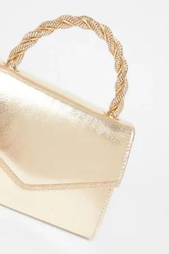 Quiz Diamante Twist Top Handle Bag Gold Discount