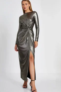 Quiz Gold Foil Ruched Maxi Dress