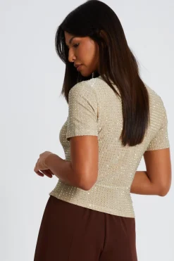 Quiz Knit Embellished Top Gold