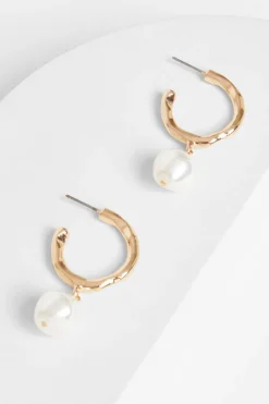 Quiz Gold Pearl Textured Hoop Earrings New