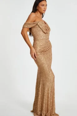 Quiz Sequin Drop Shoulder Maxi Dress Gold Best