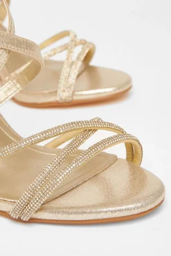 Quiz Shimmer Diamante Strap Heels Gold Sale