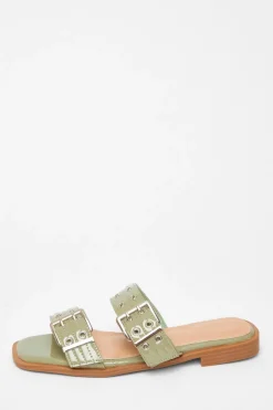 Quiz Buckle Flat Sandals Green Outlet