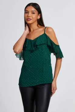 Quiz Chiffon Cold Shoulder Top Green Sale